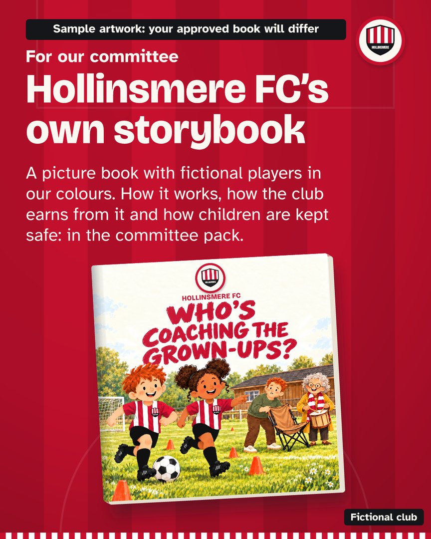 Hollinsmere FC (fictional club): committee teaser post from the club's sales kit.