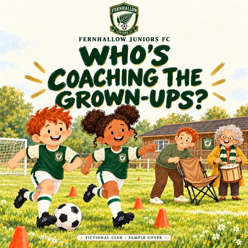 Who's Coaching the Grown-Ups? — fictional Fernhallow Juniors FC sample cover in forest green and cream, with a fern shield.