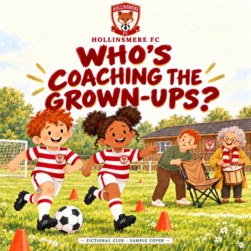 Who's Coaching the Grown-Ups? — fictional Hollinsmere FC sample cover in red and white hoops, with a fox shield.