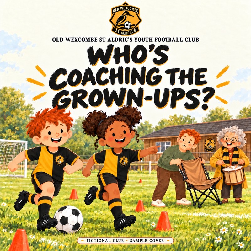 Who's Coaching the Grown-Ups? — fictional Old Wexcombe St Aldric's Youth Football Club sample cover in amber and black halves, with a kingfisher badge.