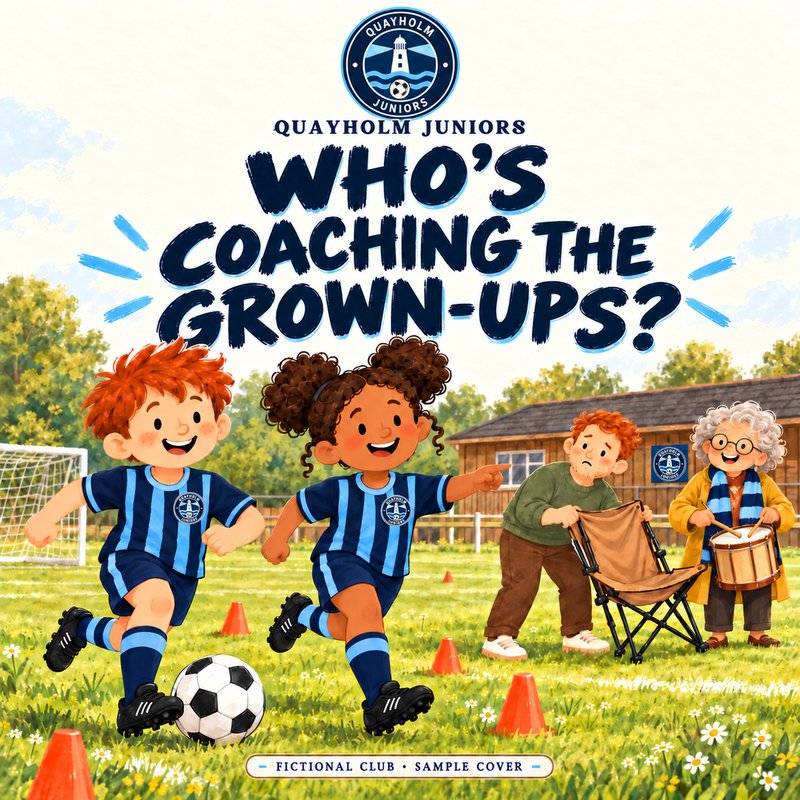 Who's Coaching the Grown-Ups? — fictional Quayholm Juniors sample cover in navy and sky-blue stripes, with a lighthouse roundel.