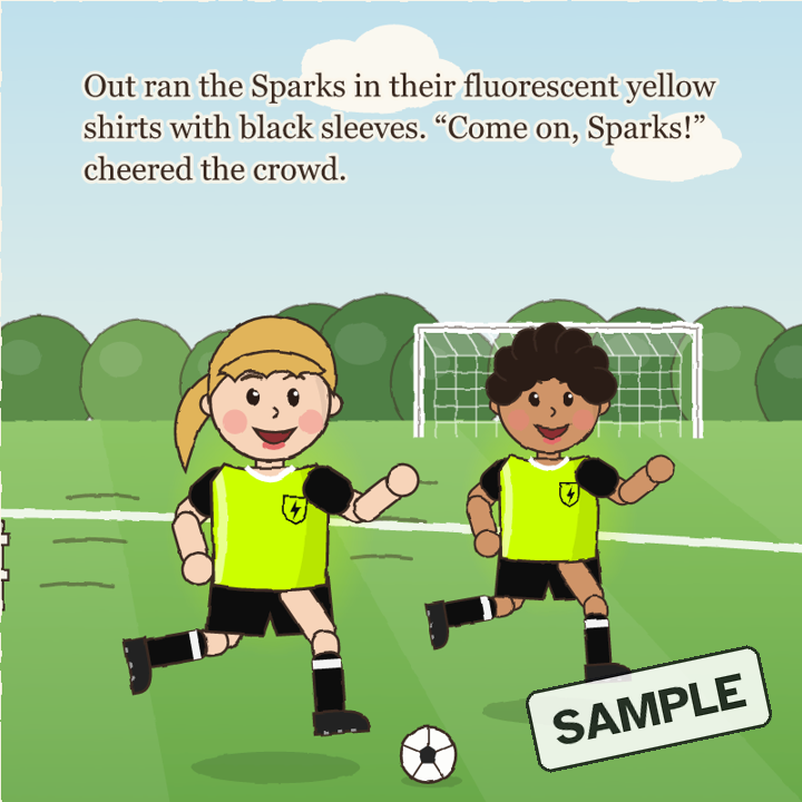 Sample page: two cartoon players run onto the pitch while the crowd cheers “Come on, Sparks!”